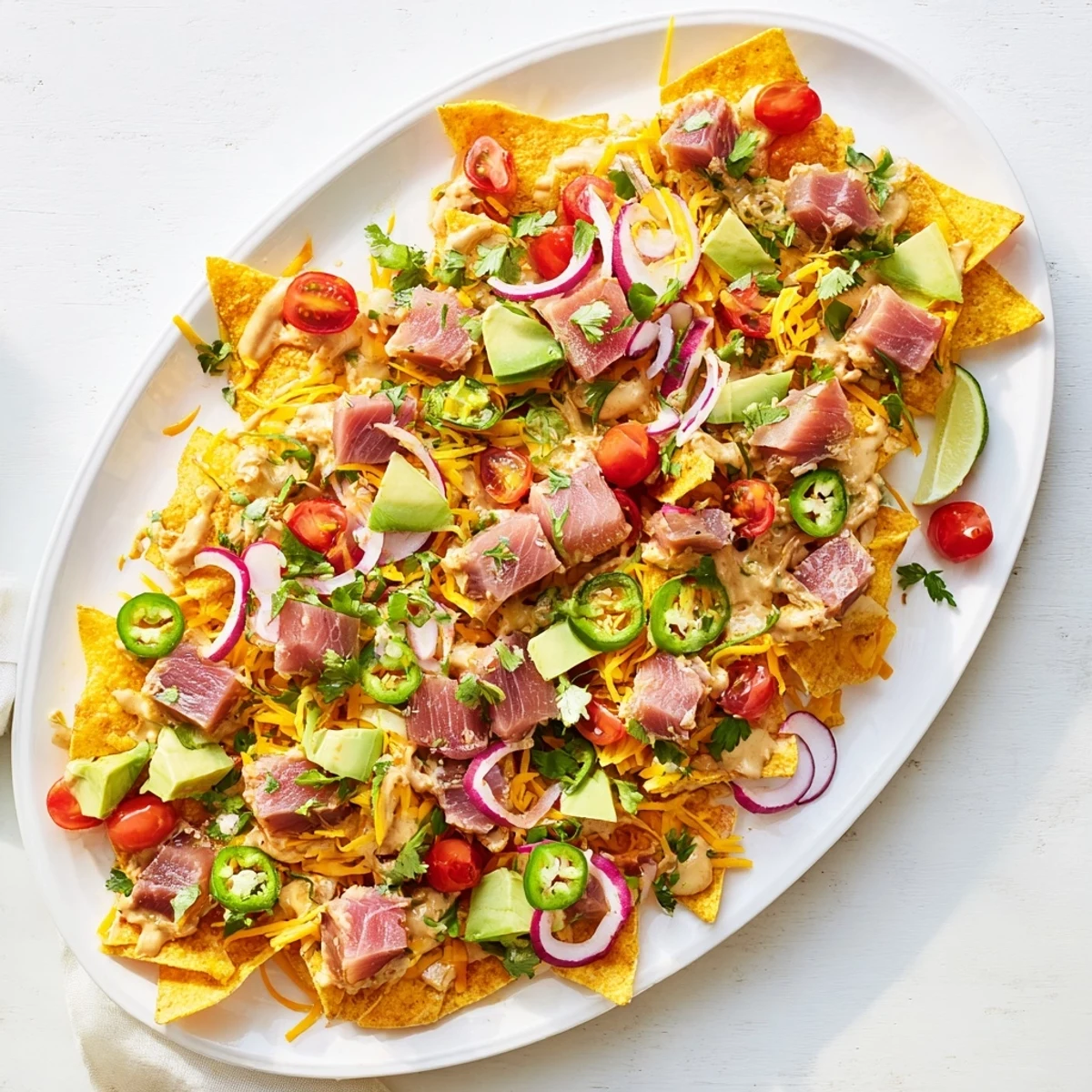 Tuna Nachos Deluxe piled high with seared tuna, fresh avocado, and zesty jalapeño-lime crema drizzle