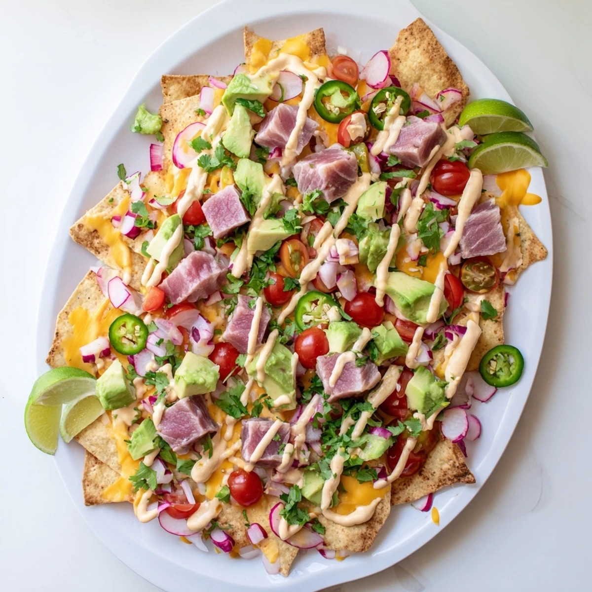 Golden tortilla chips topped with marinated tuna steak, vibrant vegetables, and creamy sauce on a platter