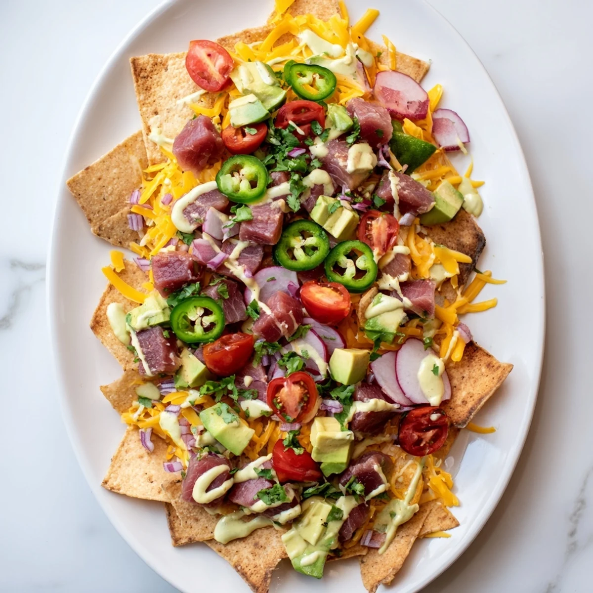 Crispy loaded Tuna Nachos Deluxe featuring tender seared tuna cubes, colorful toppings, and tangy crema garnish