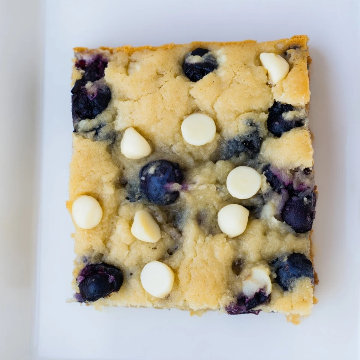 Fresh blueberry blondies cooling in the pan with golden edges and white chocolate chips