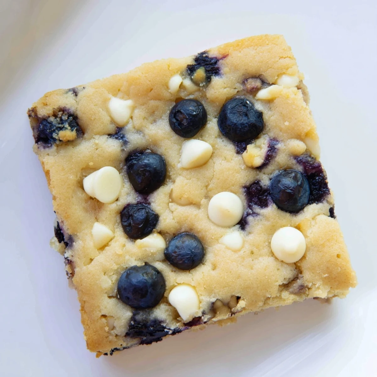 Golden blueberry blondies with bursts of juicy fruit in a soft, chewy vanilla bar