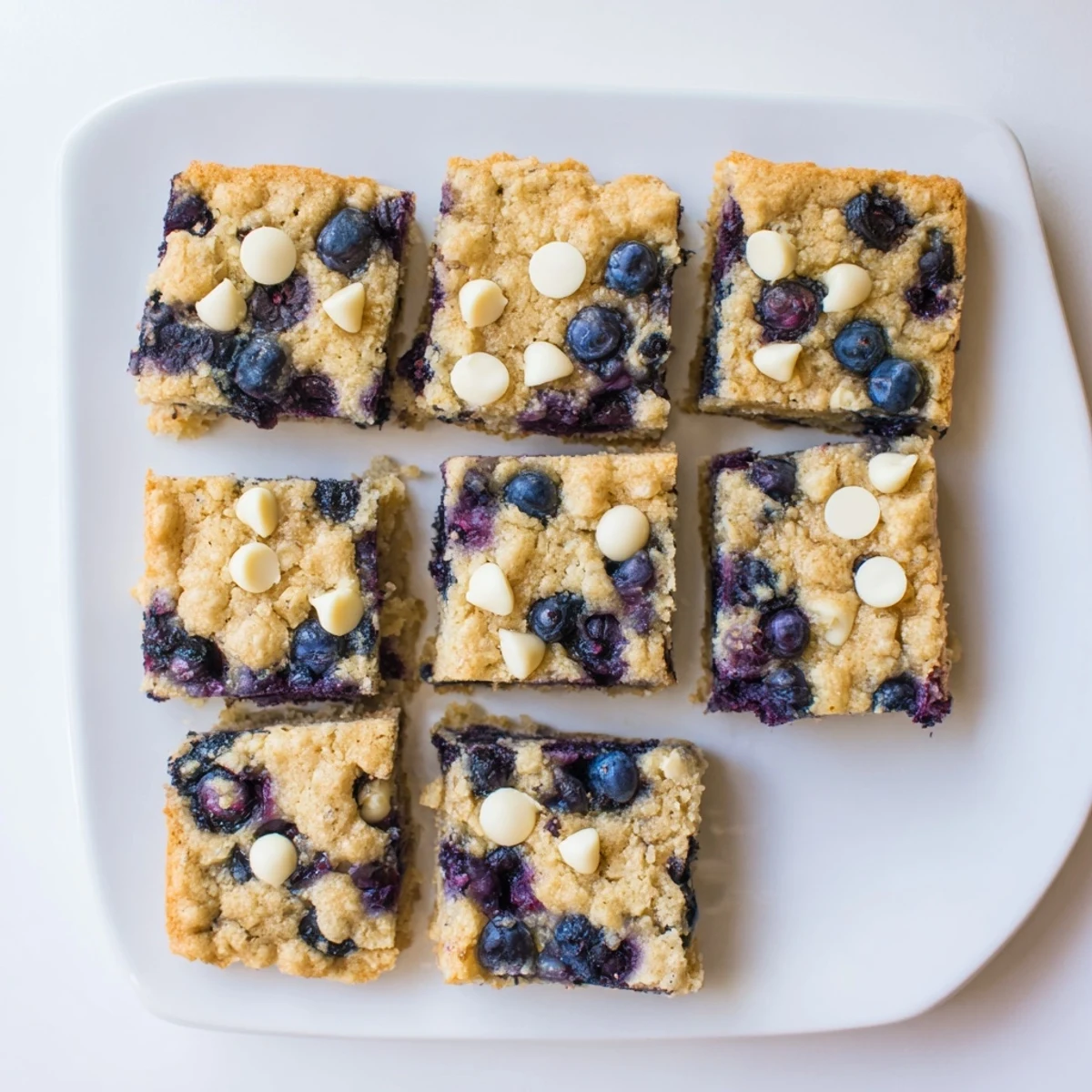Homemade blueberry blondies cut into squares topped with plump berries and vanilla sweetness