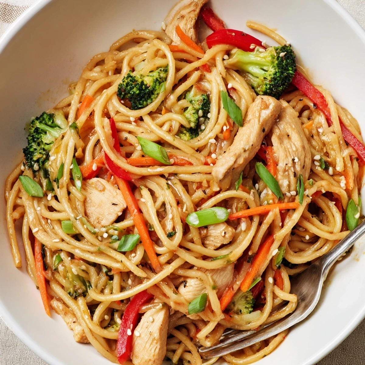 Savory Garlic Chicken Lo Mein Delight piled in a glossy sauce, steamy and aromatic