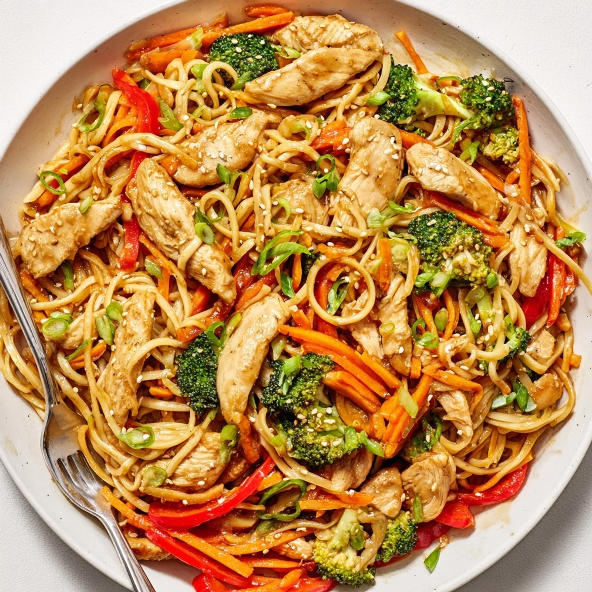 Bowl of Savory Garlic Chicken Lo Mein Delight with crisp vegetables, fragrant garlic