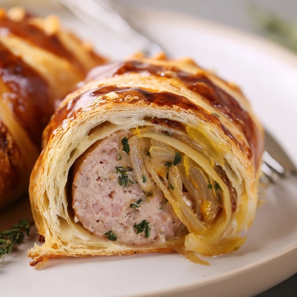 Golden French Onion Sausage Rolls with caramelized onions peeking from flaky pastry