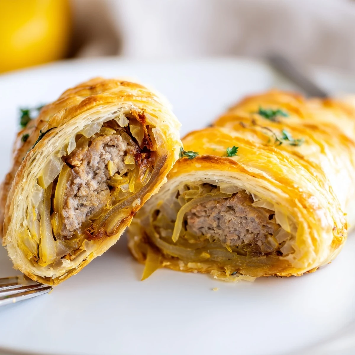 Warm French Onion Sausage Rolls served with Dijon mustard and crisp salad