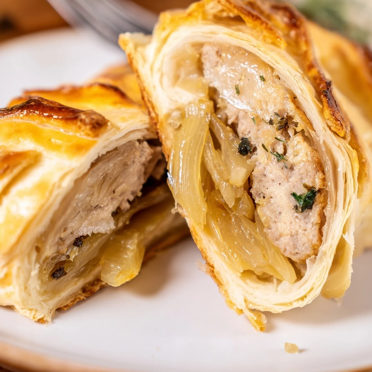 Oven browned French Onion Sausage Rolls showing juicy pork filling and thyme