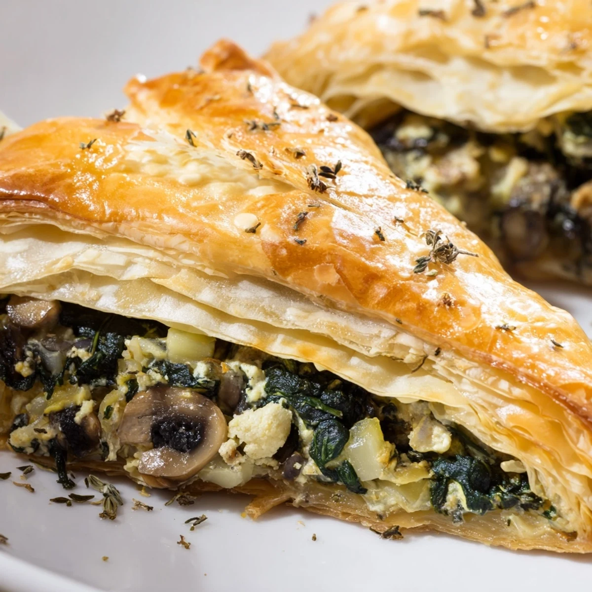 Fresh-baked Savory Spinach And Mushroom Puff Delights on parchment, creamy filling