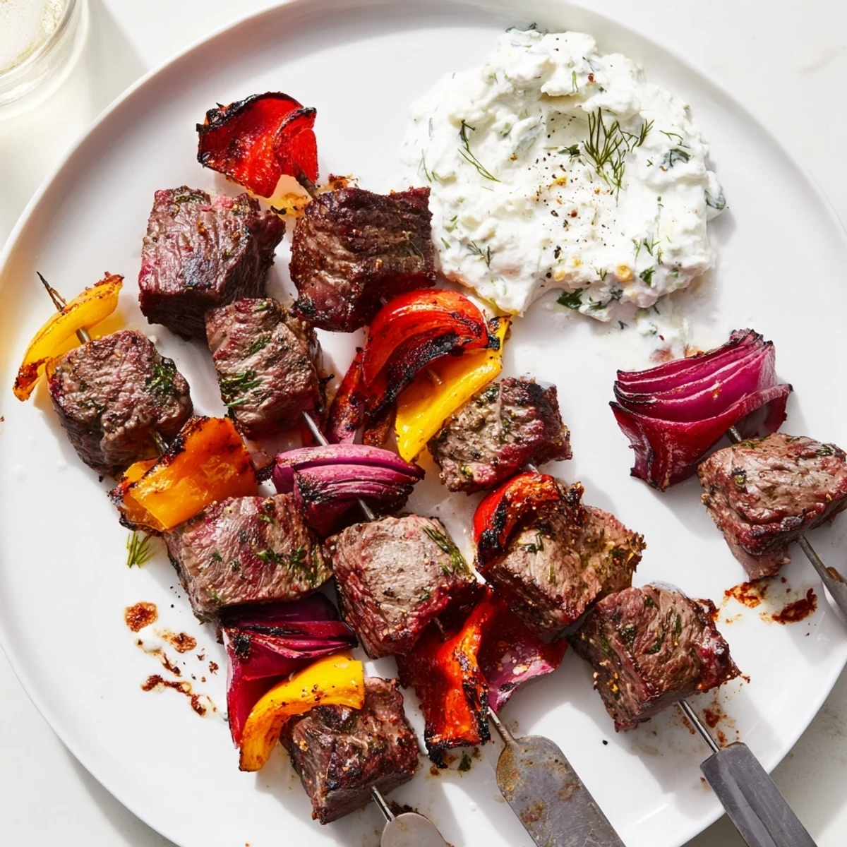 Smoky Baked or Grilled Greek Beef Kabobs With Whipped Feta Tzatziki Dip