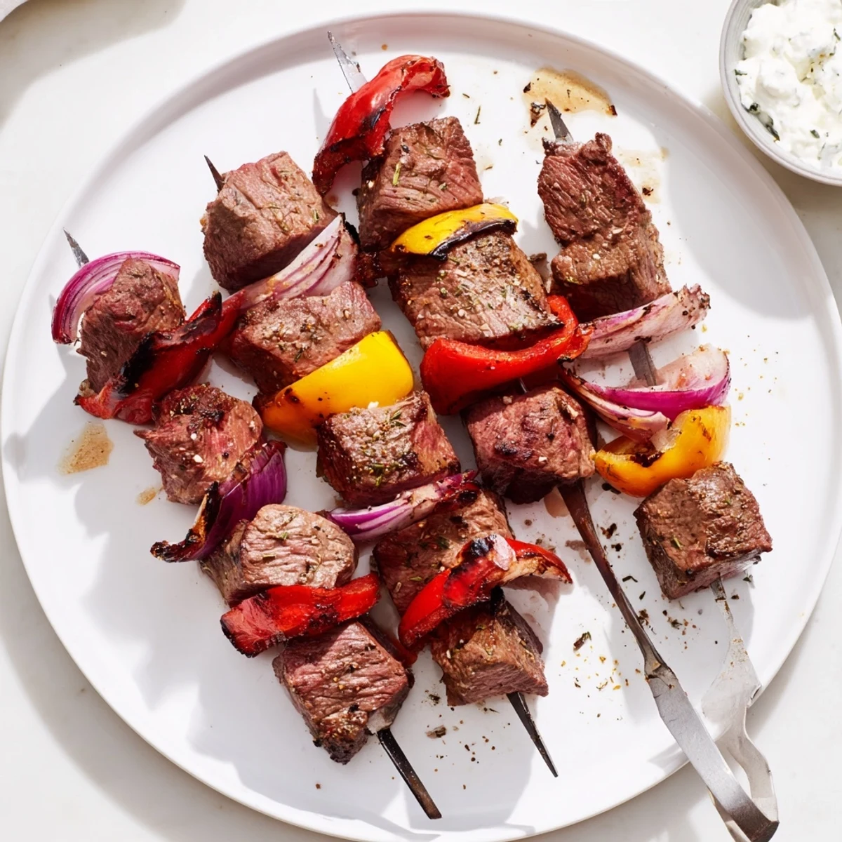 Baked or Grilled Greek Beef Kabobs With Whipped Feta Tzatziki Dip plated with pita