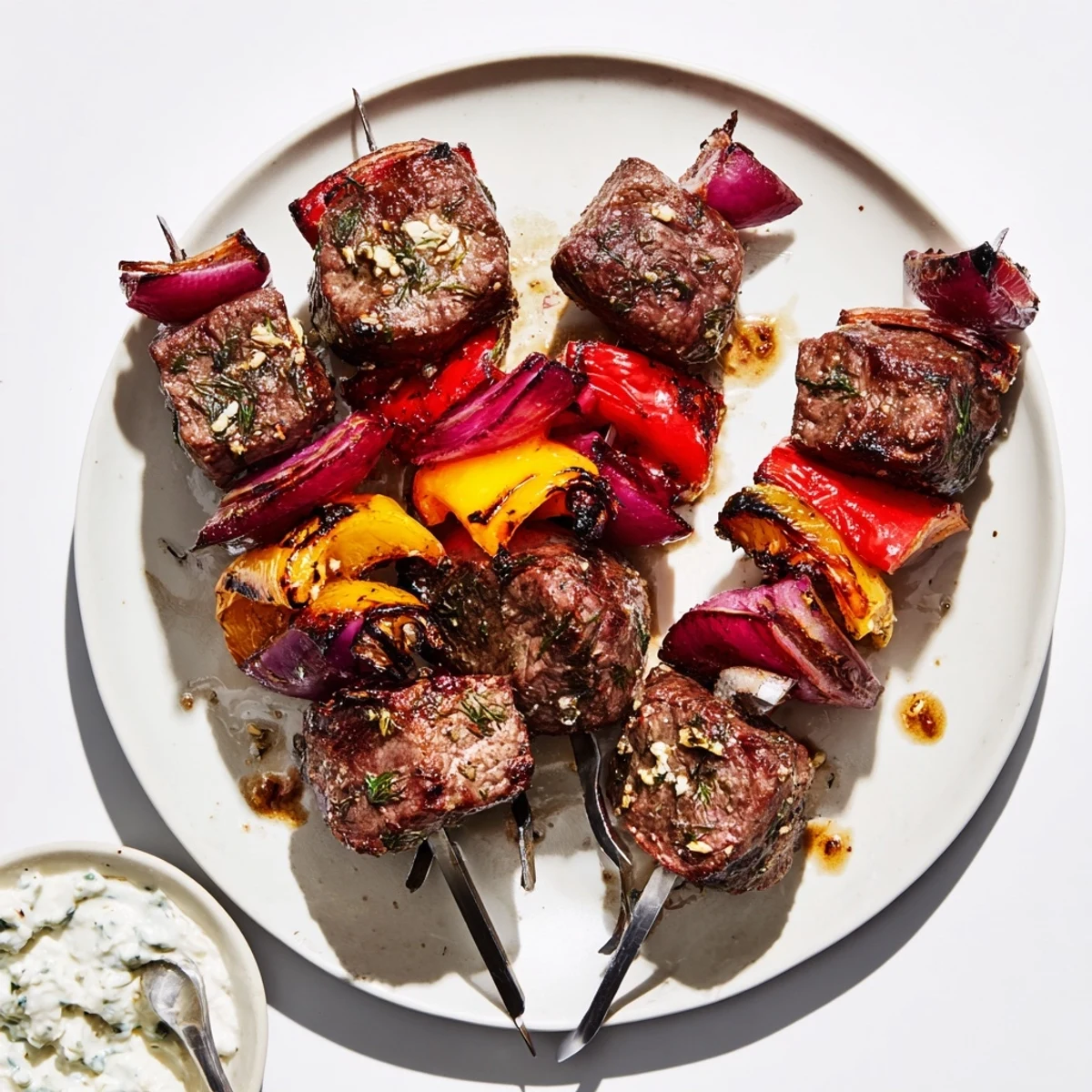 Baked or Grilled Greek Beef Kabobs With Whipped Feta Tzatziki Dip bright lemon drizzle