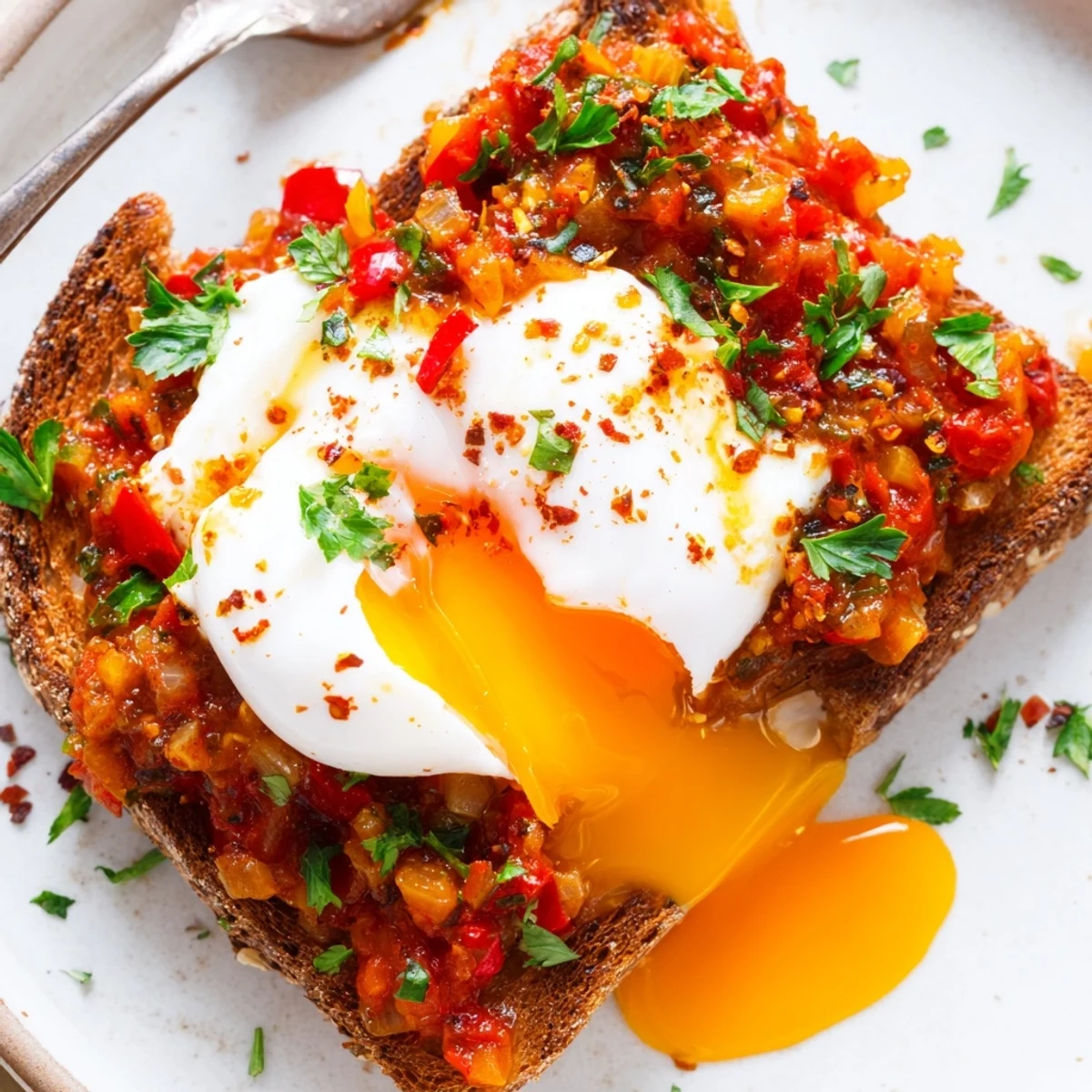 Steaming Shakshouka Toast with runny eggs over crusty bread and parsley