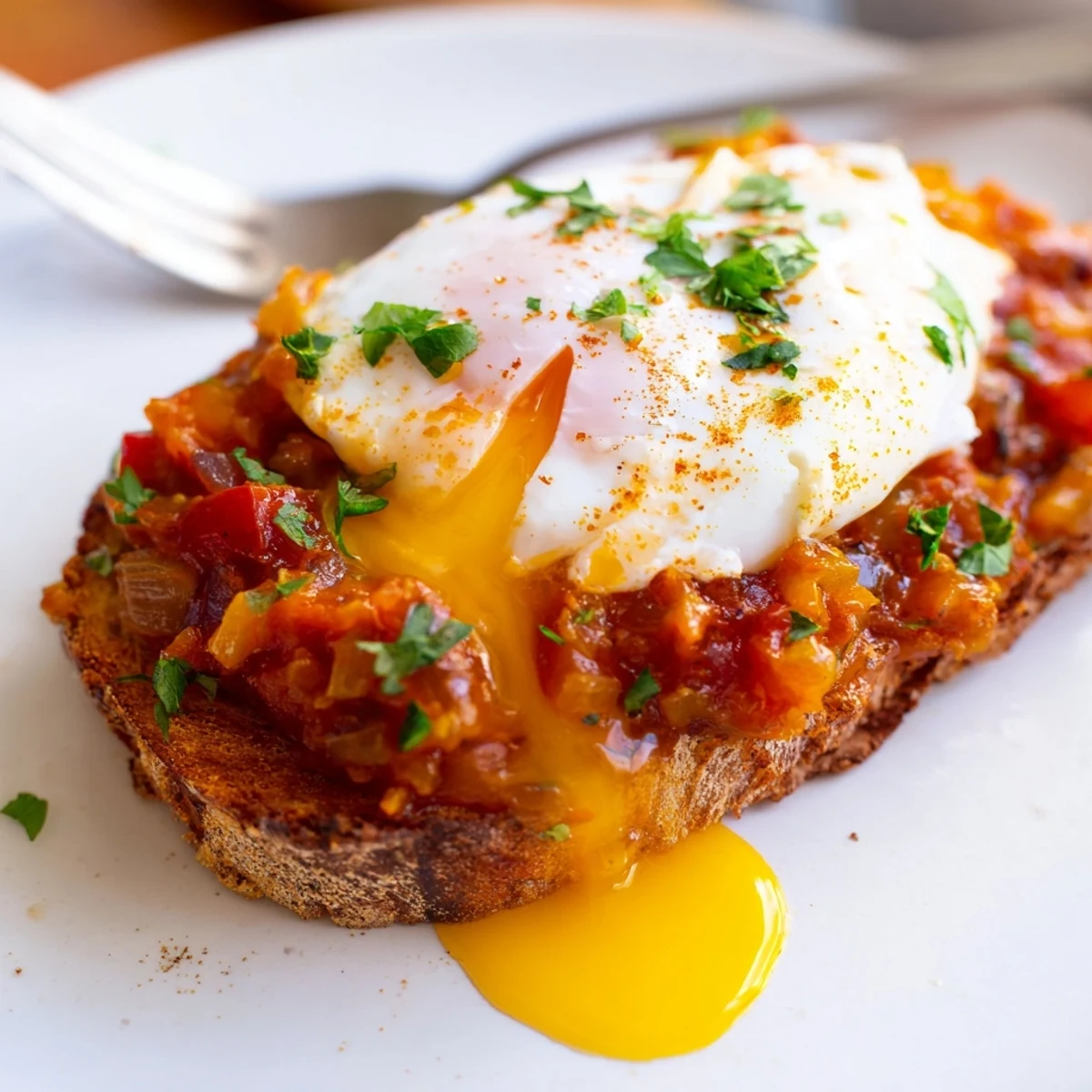 Bright Shakshouka Toast spooned from skillet, spiced tomato-pepper sauce glistening