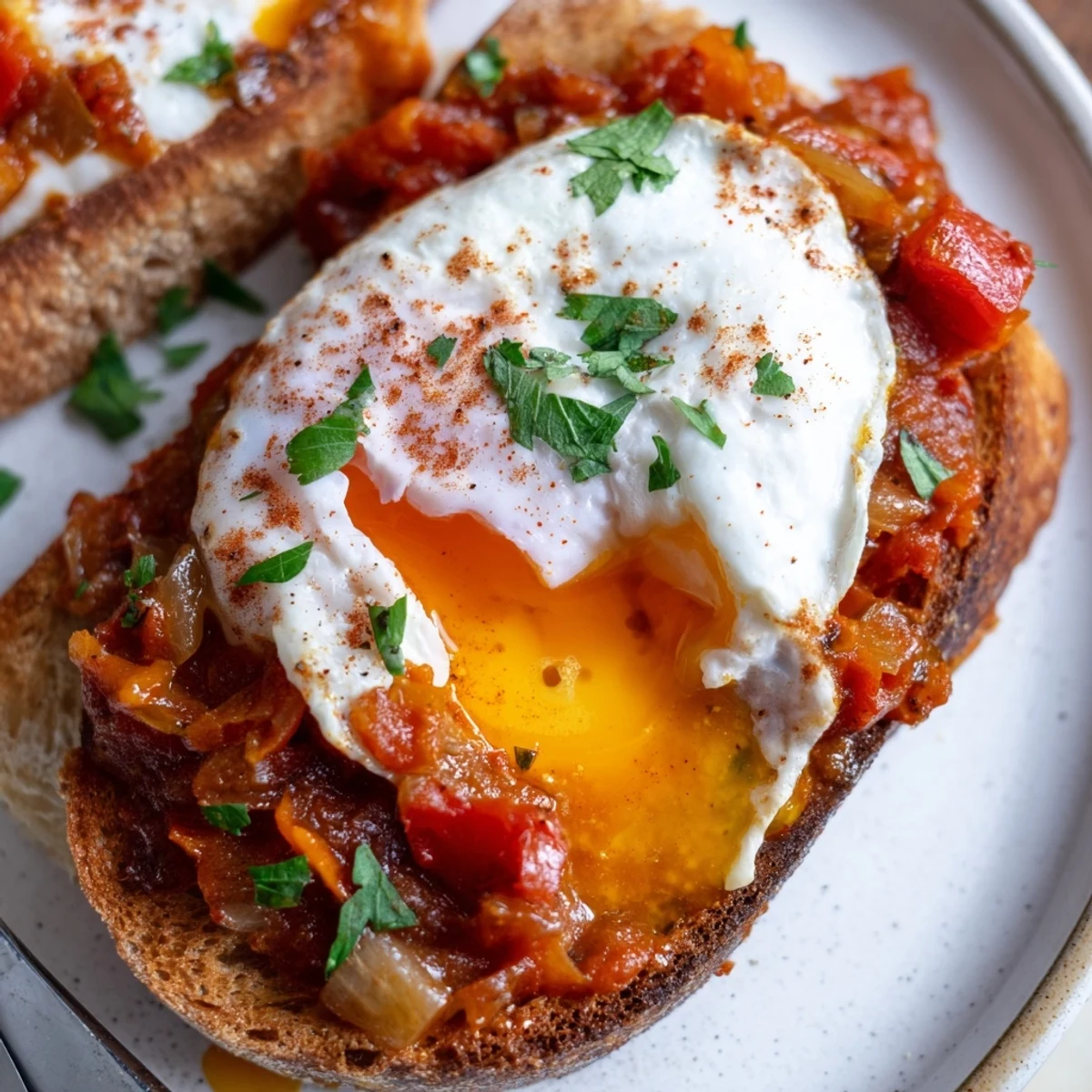 Hearty Shakshouka Toast topped with silky yolk, served with grilled bread