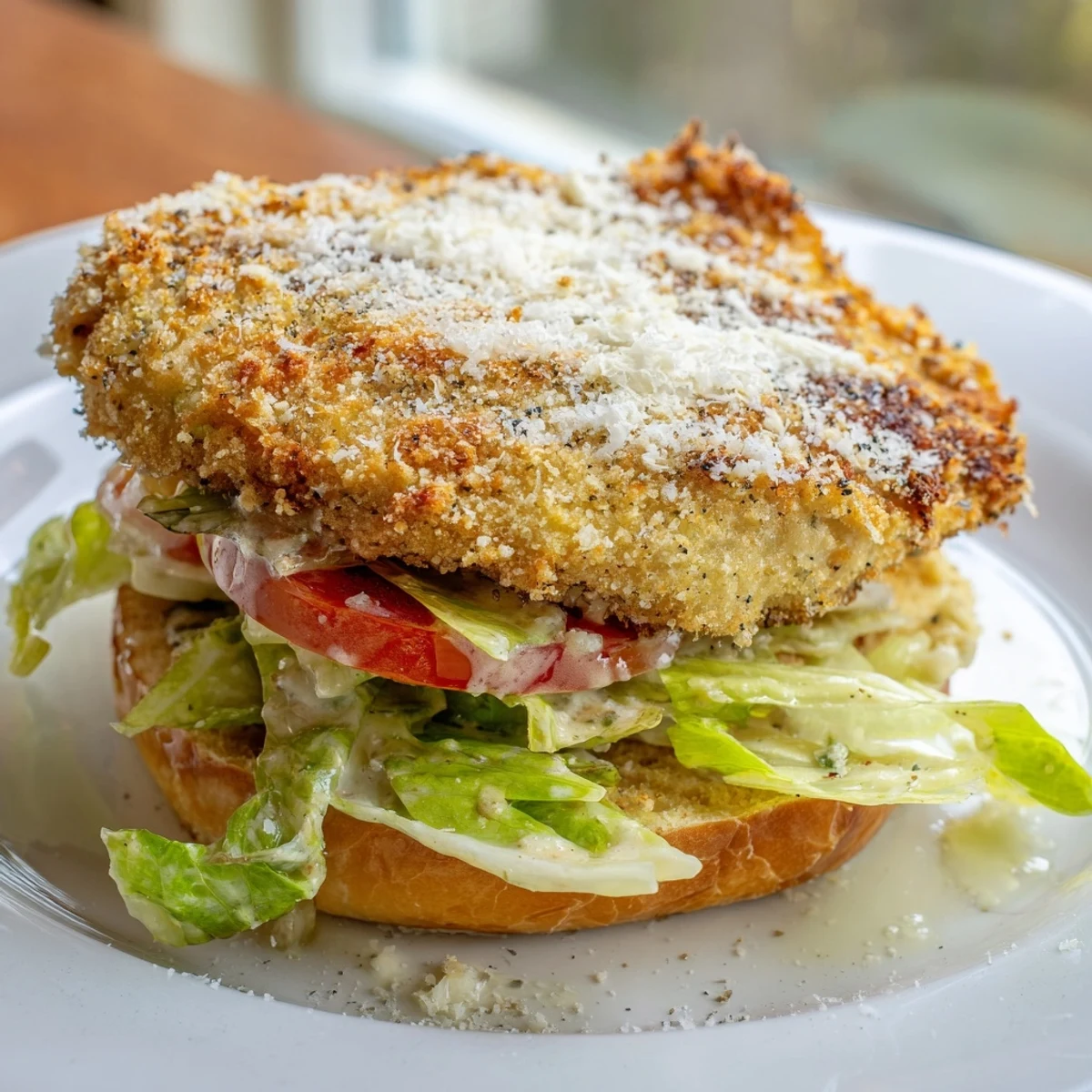 Crispy Chicken Sandwich With Caesar Dressing on toasted brioche with crunchy Romaine