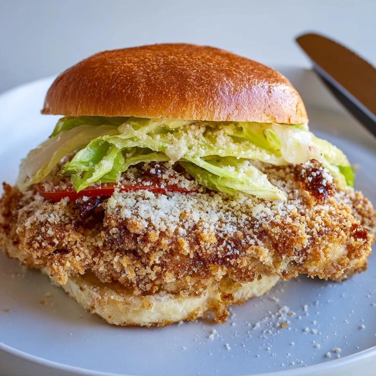 Crispy Chicken Sandwich With Caesar Dressing, hot from skillet and served with lemonade