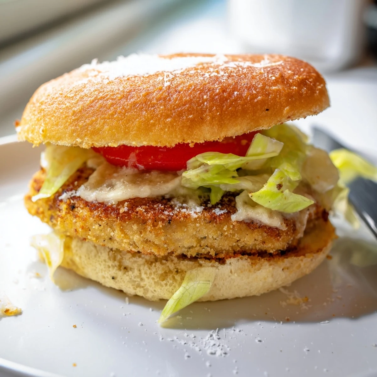 Golden Crispy Chicken Sandwich With Caesar Dressing drizzled, juicy tomato and Parmesan