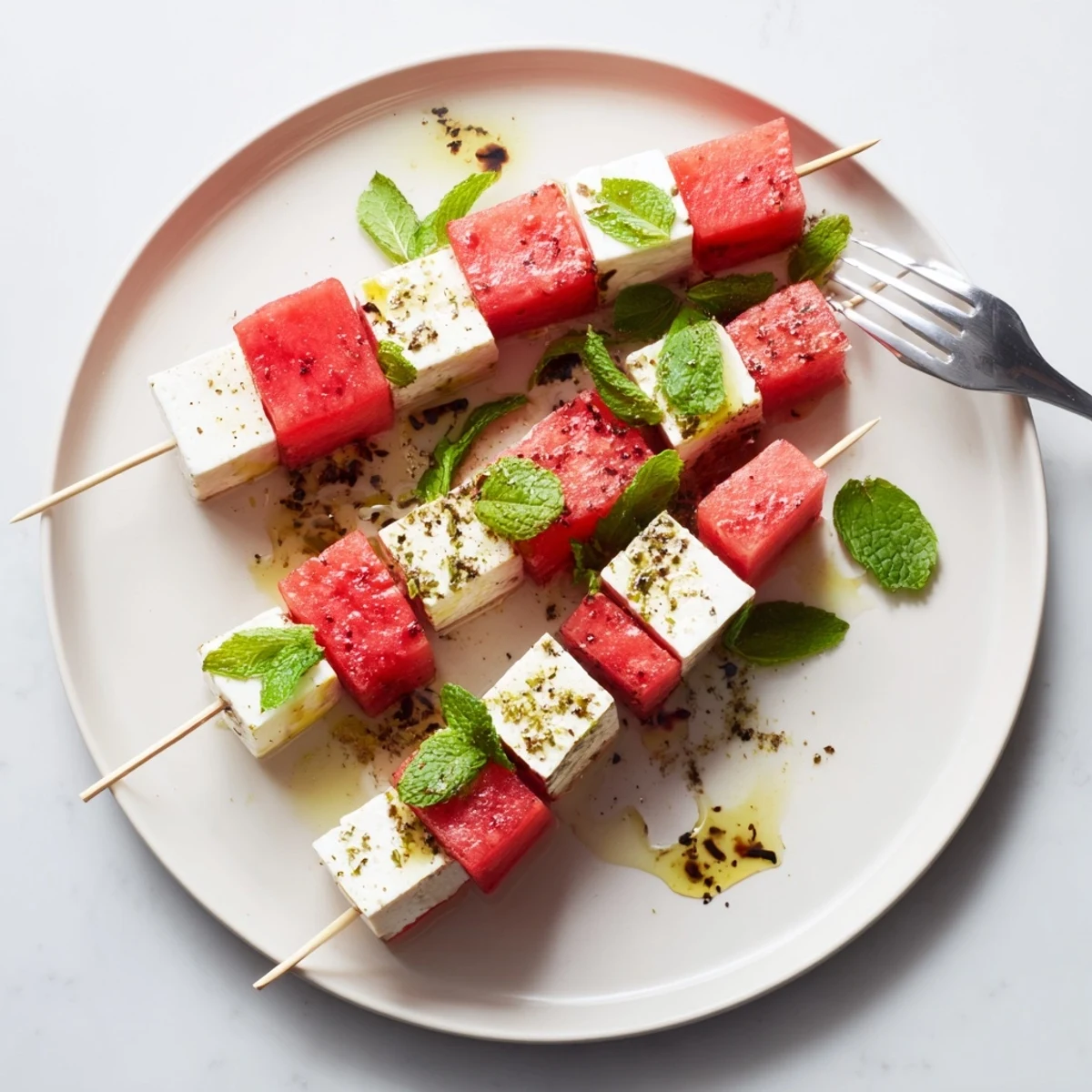 Chilled platter of Watermelon Feta And Mint Skewers, glistening juicy cubes.