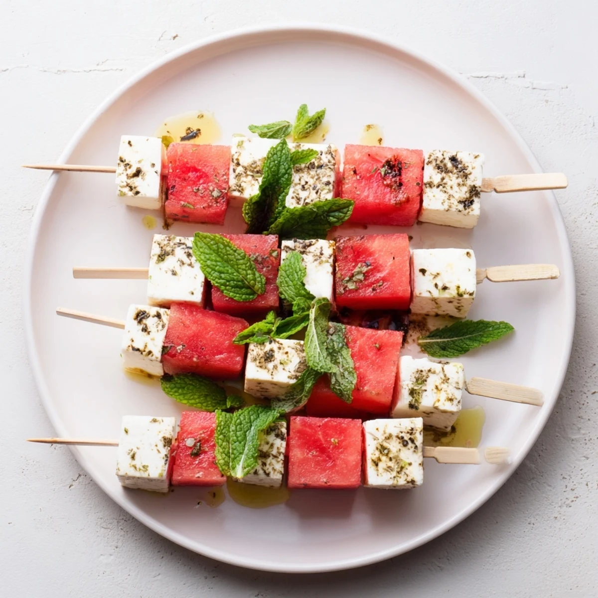 Stacked Watermelon Feta And Mint Skewers with peppered feta and cooling mint.
