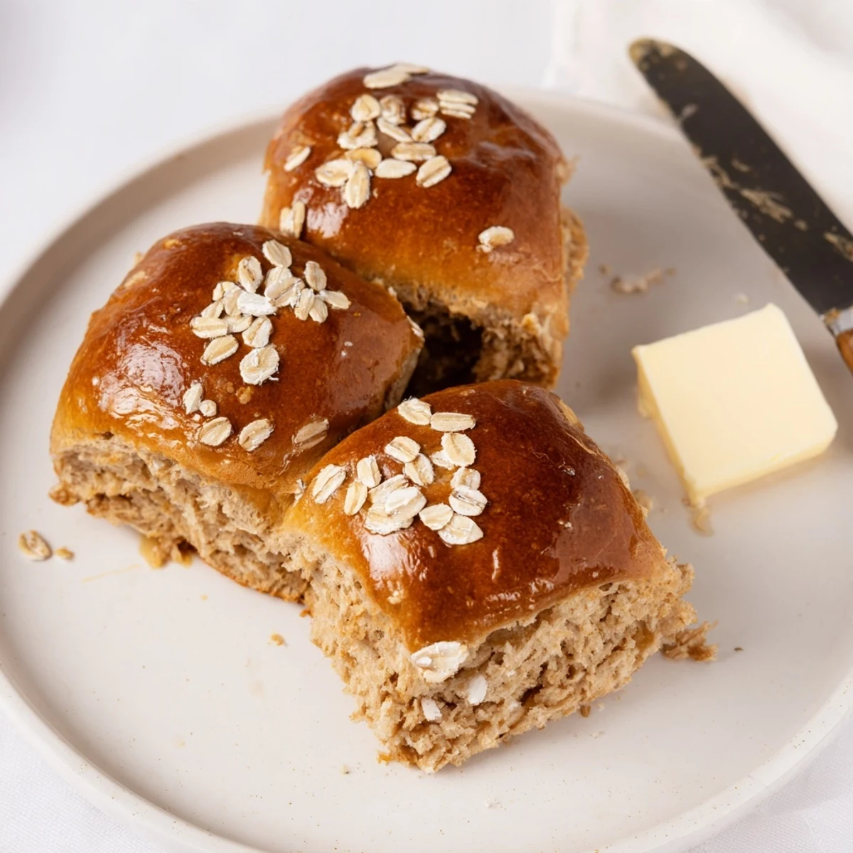 Warm Rustic Oatmeal Molasses Dinner Rolls served with salted butter melting.