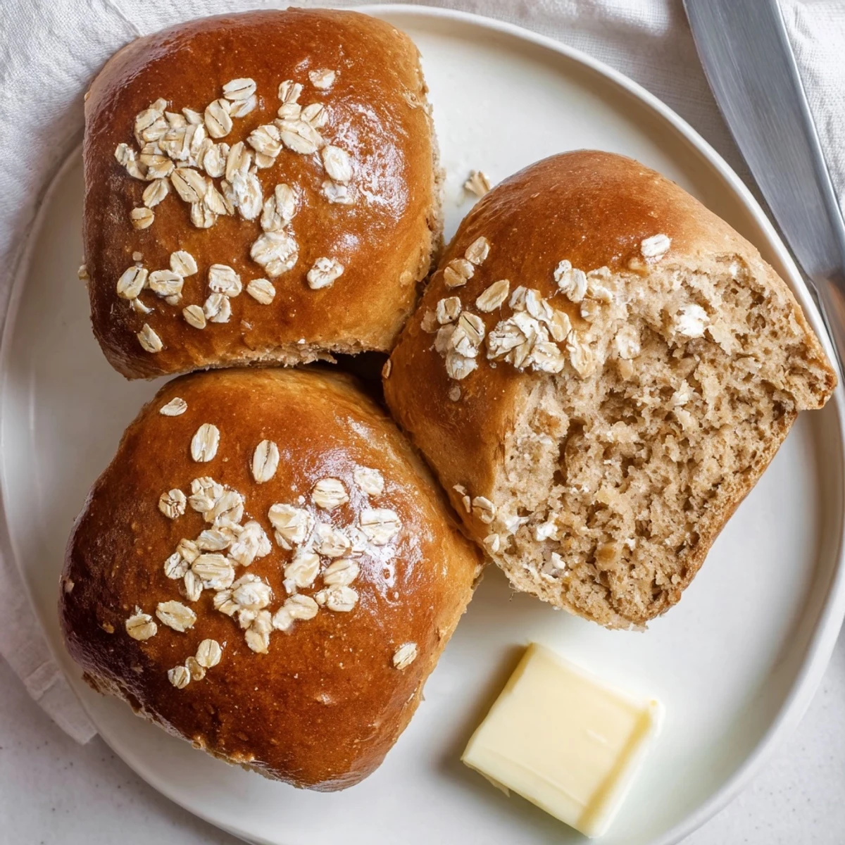 Close-up of Rustic Oatmeal Molasses Dinner Rolls, tender crumb studded with oats.
