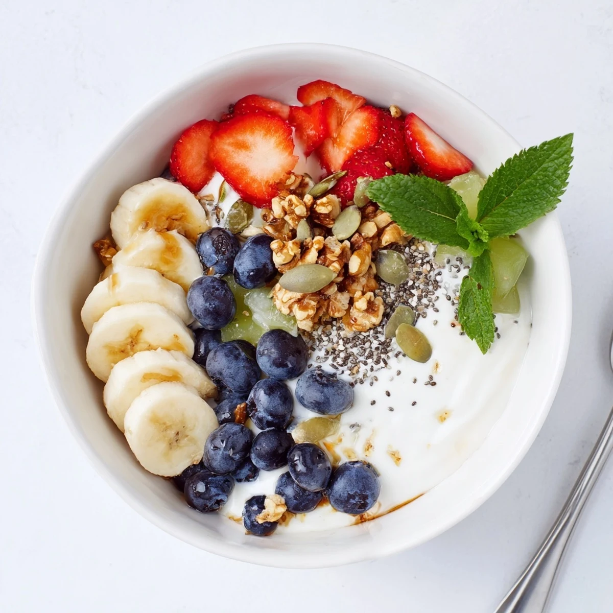 Blueberry Breakfast Salad Recipe with creamy Greek yogurt, crunchy granola, fresh mint.