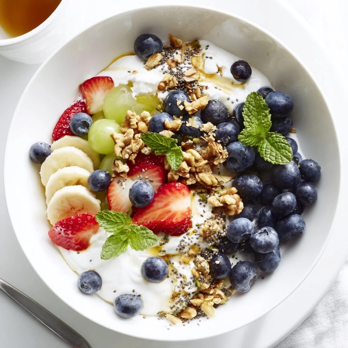 Juicy fruit and creamy yogurt in Blueberry Breakfast Salad Recipe, topped with granola.