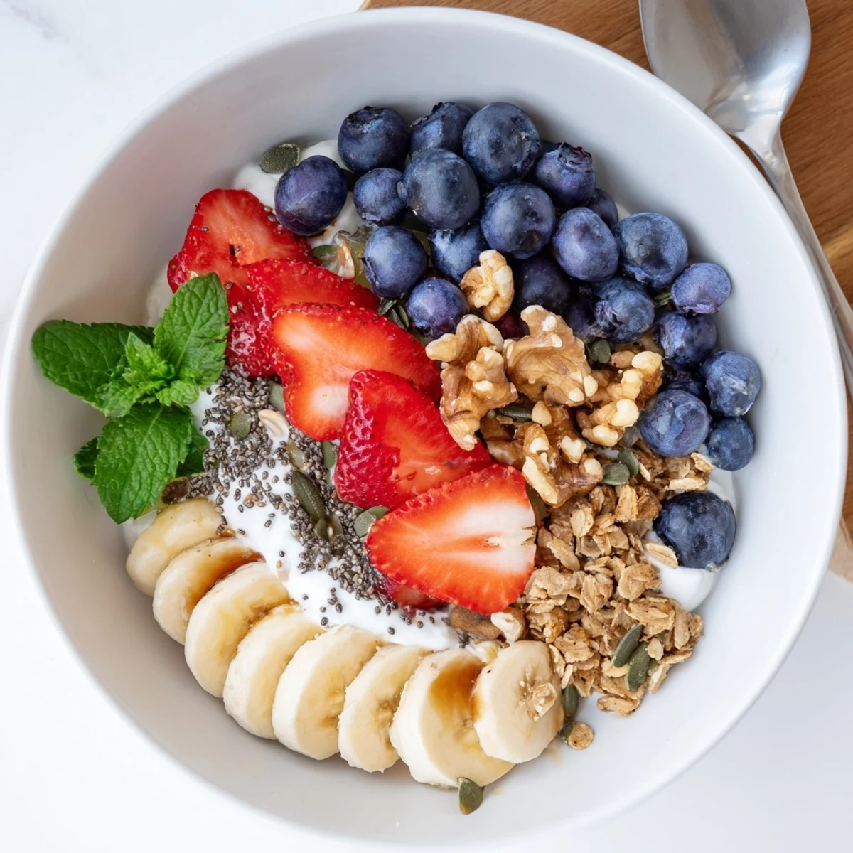 Colorful Blueberry Breakfast Salad Recipe served chilled in bowls, drizzled with honey.