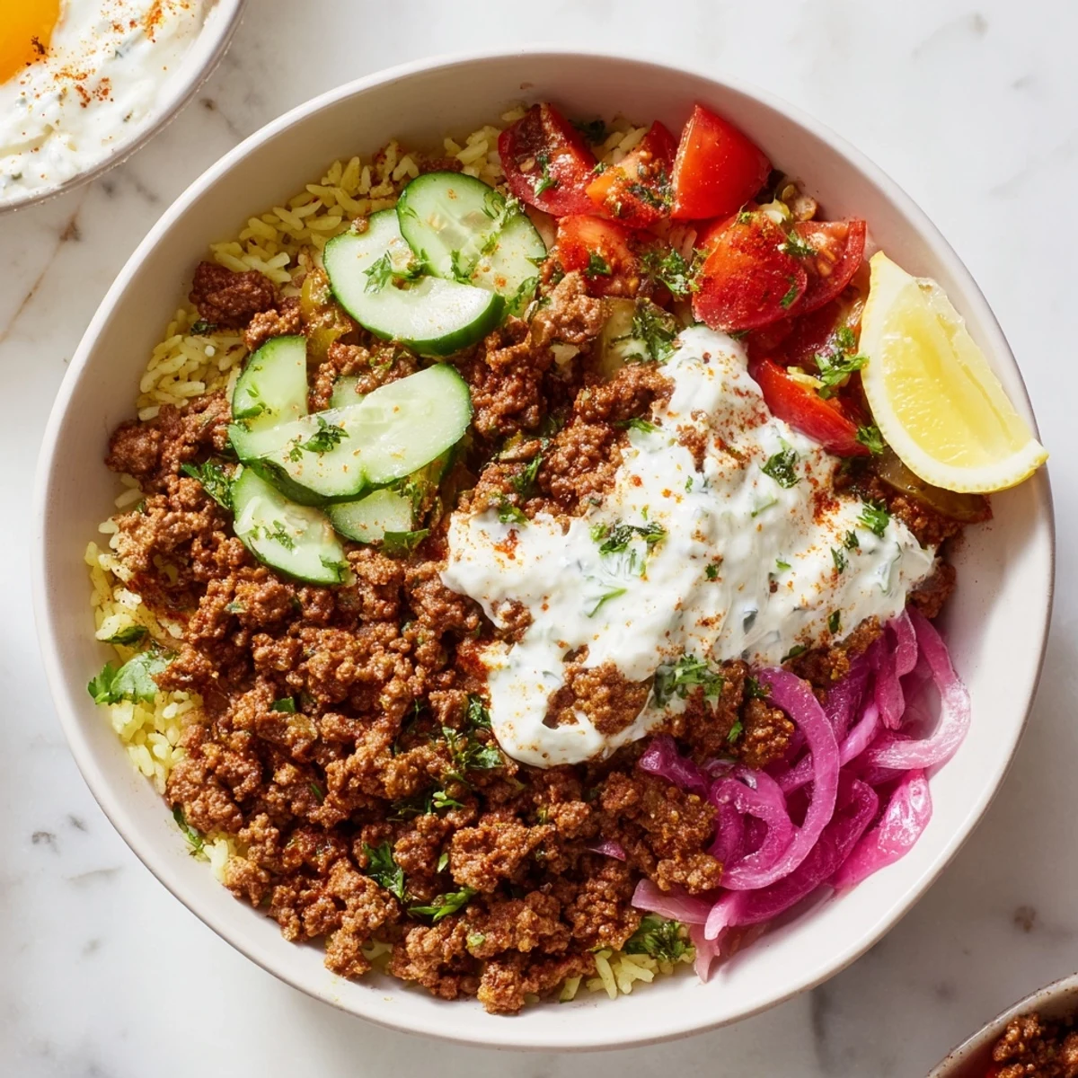 Ground Beef Shawarma Bowls steaming over turmeric rice, creamy garlic-yogurt drizzled