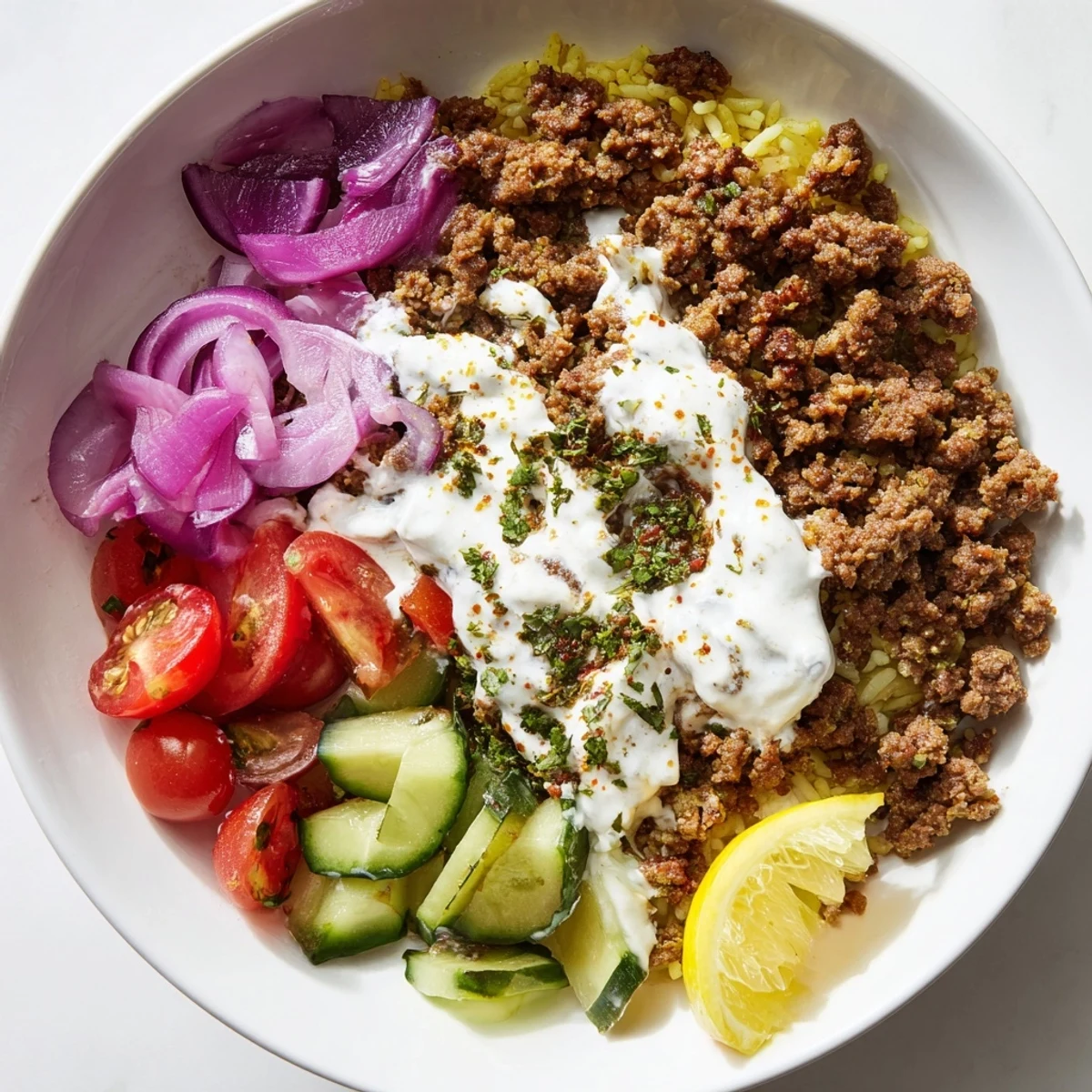 Colorful Ground Beef Shawarma Bowls with crisp cucumber, tangy pickled turnips