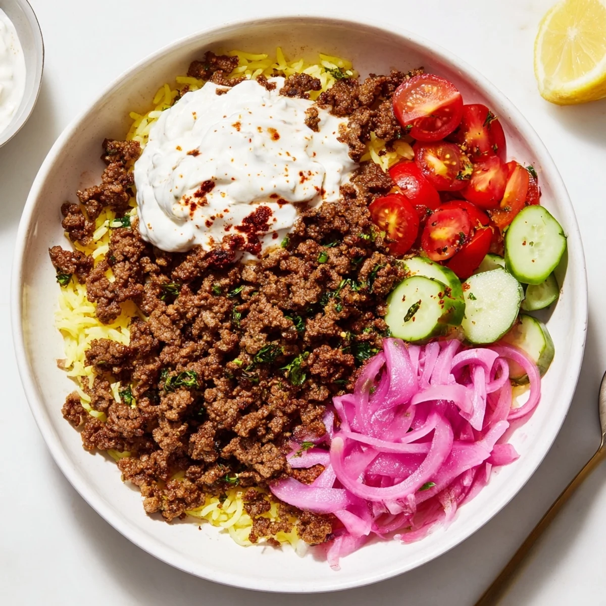 Weeknight Ground Beef Shawarma Bowls topped with parsley, lemon wedge, aromatic spices