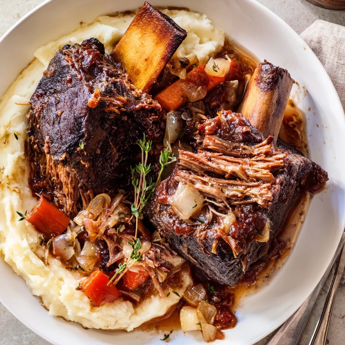 Slow Cooker Short Ribs glistening in rich sauce over creamy mashed potatoes.
