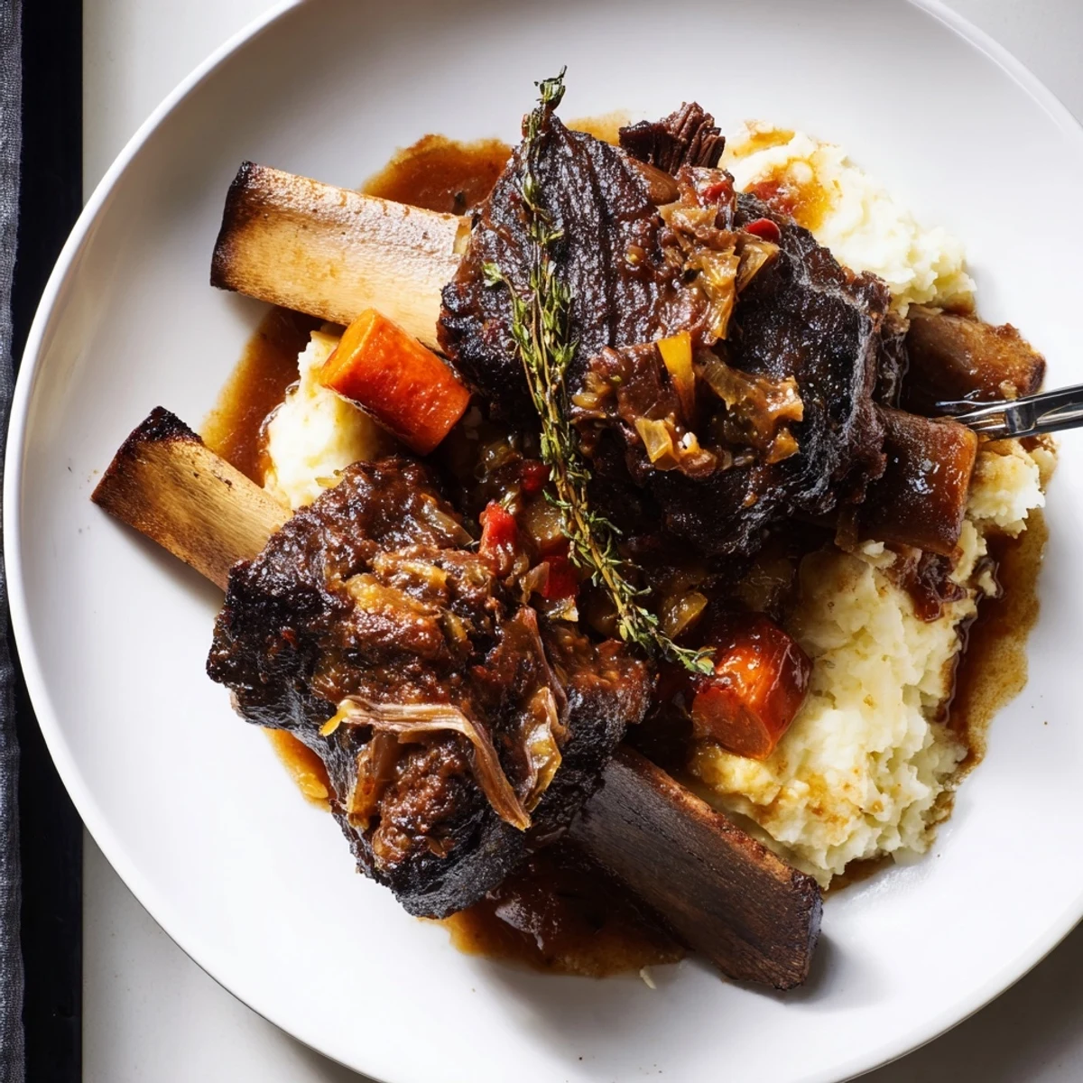 A serving of Slow Cooker Short Ribs, fall off the bone with roasted vegetables.