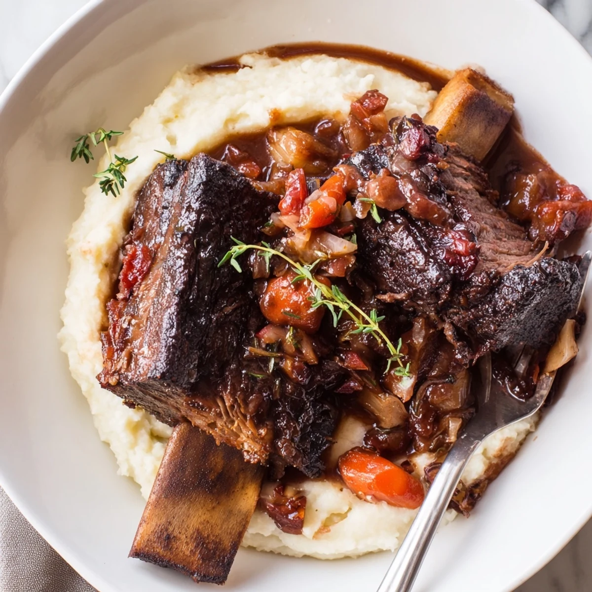 Plated Slow Cooker Short Ribs on polenta with herb scented jus and tender beef.