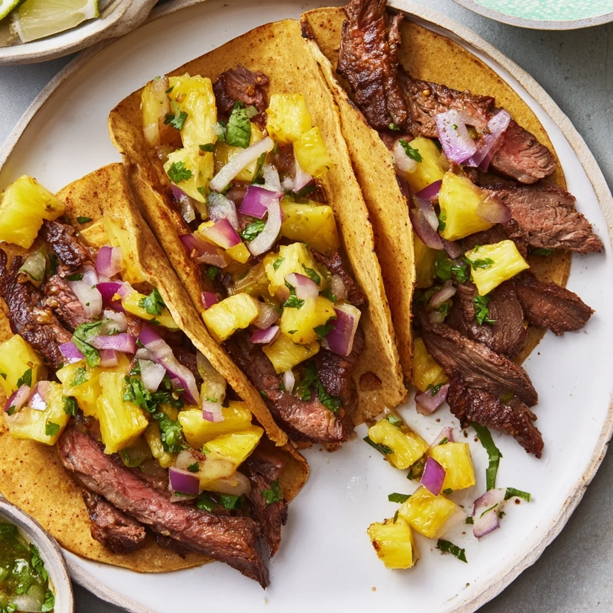 Savory Beef Al Pastor Tacos Delight piled with charred pineapple and cilantro
