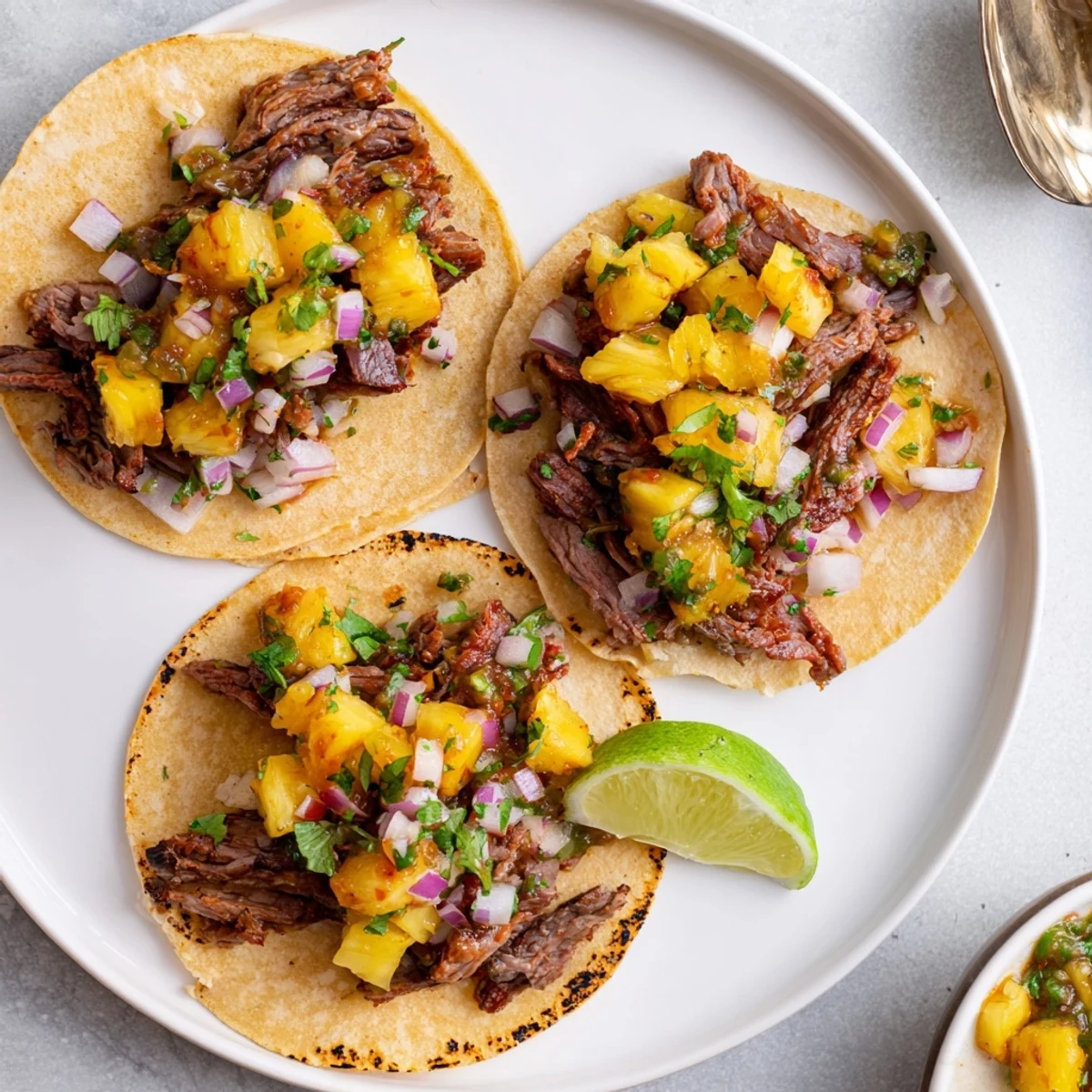 Fresh cilantro, diced red onion accent Savory Beef Al Pastor Tacos Delight