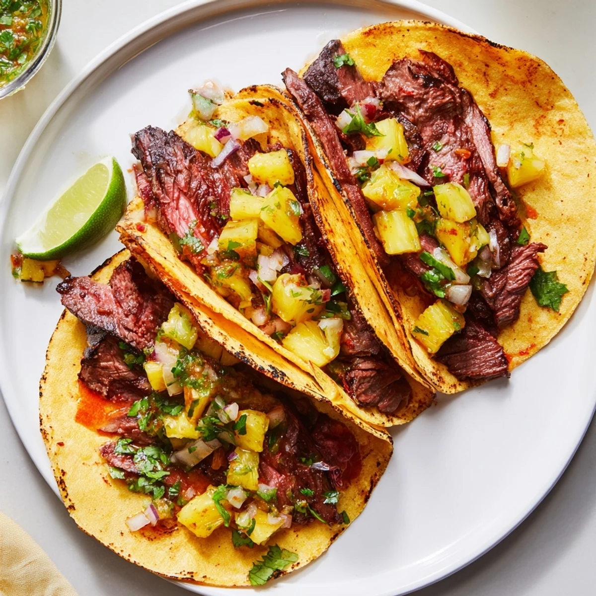 Grilled Savory Beef Al Pastor Tacos Delight on warm corn tortillas, lime