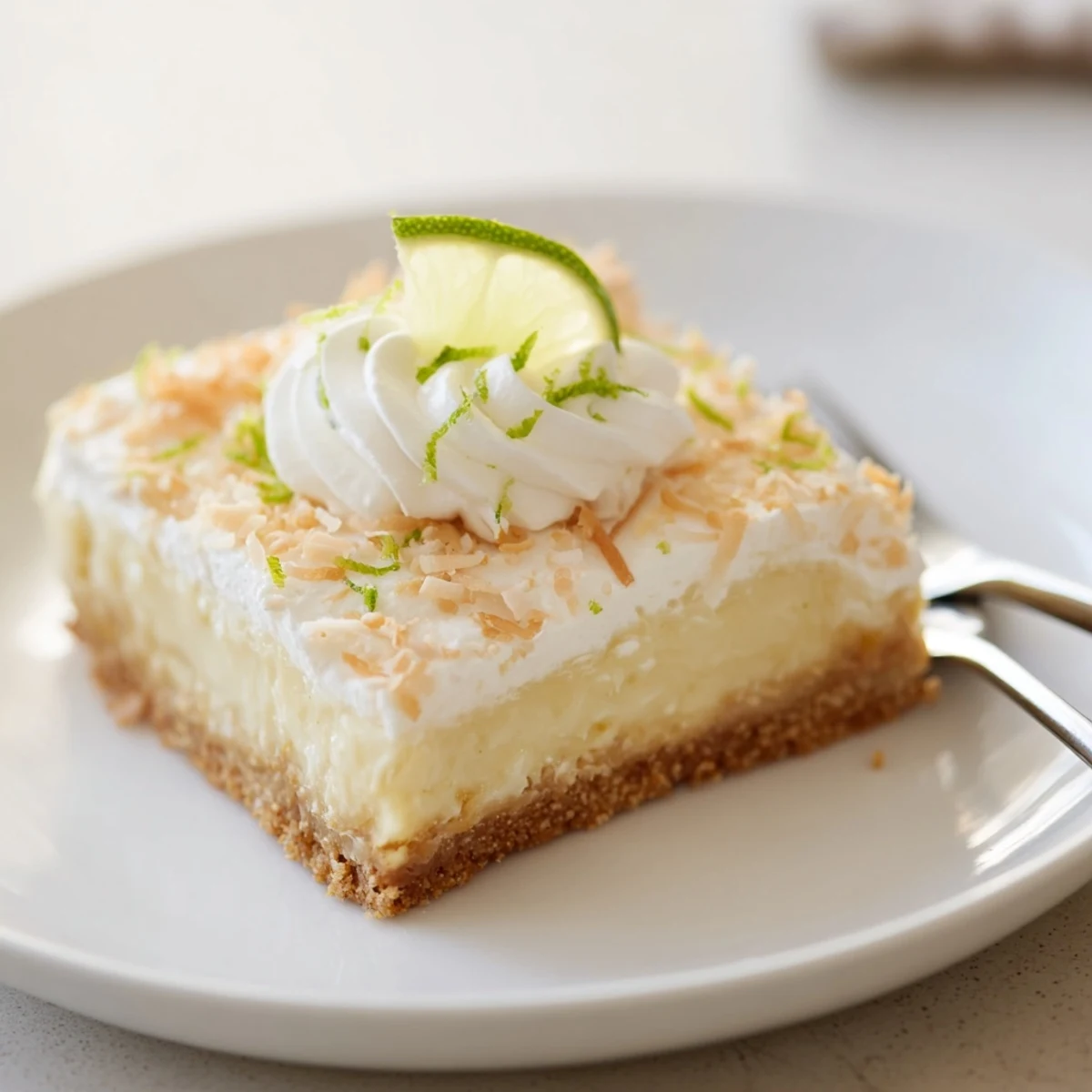 Tropical Chill Coconut Lime Bars chilled on plate, creamy lime zest topping