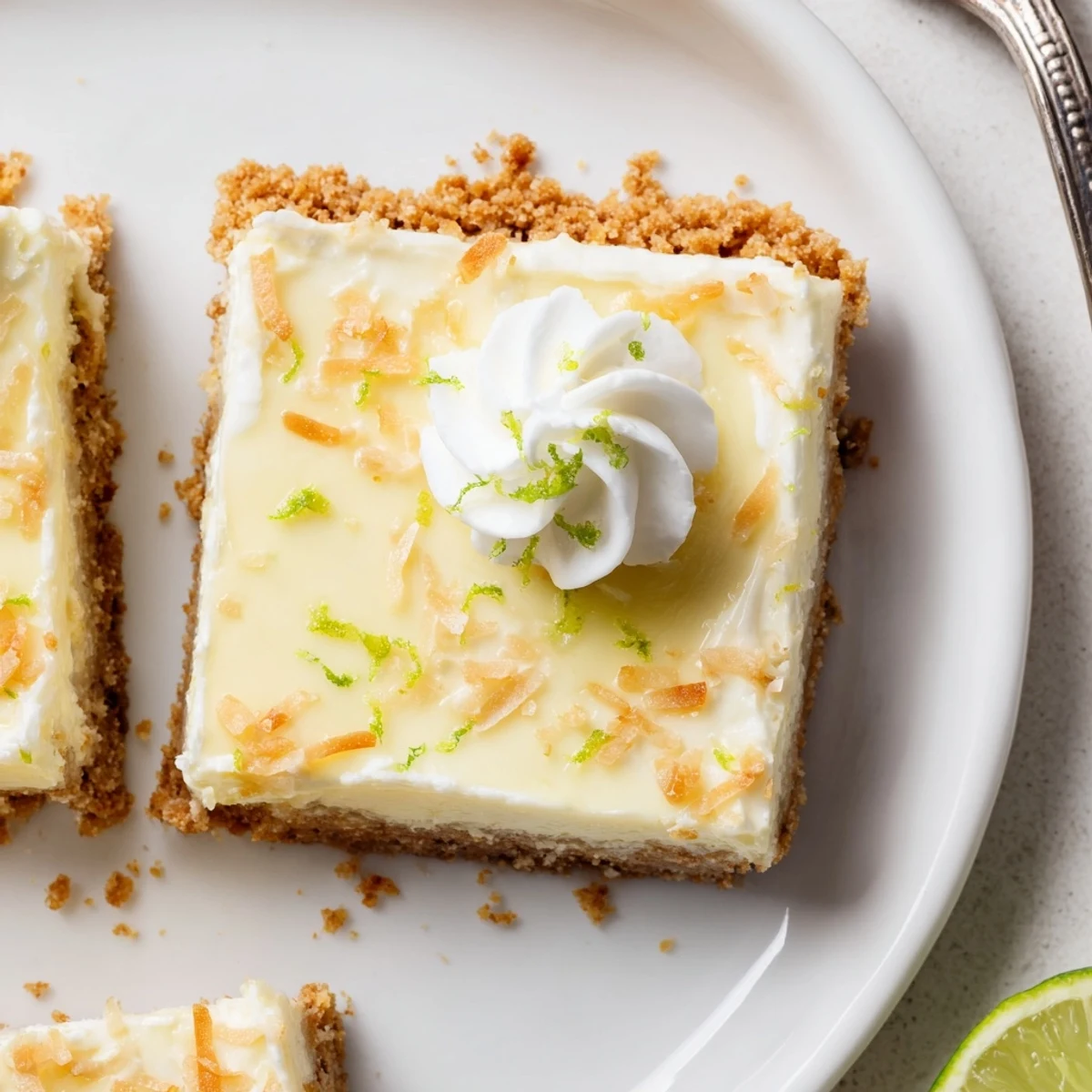 Sliced Tropical Chill Coconut Lime Bars with toasted coconut and whipped cream