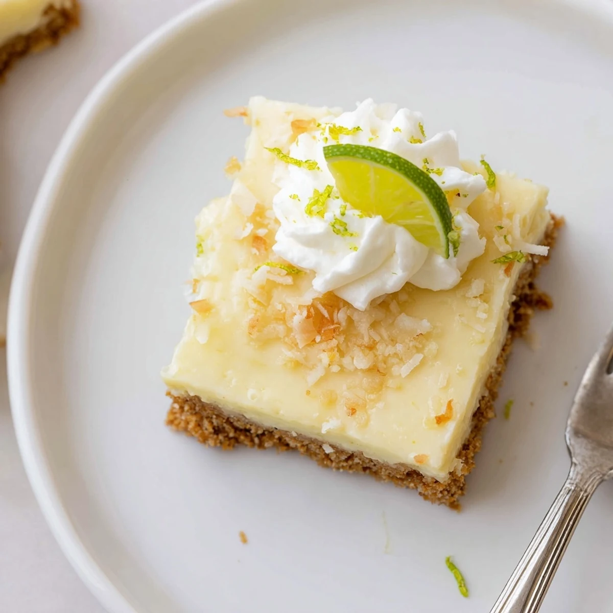 Close up of Tropical Chill Coconut Lime Bars showing buttery crust and glossy filling