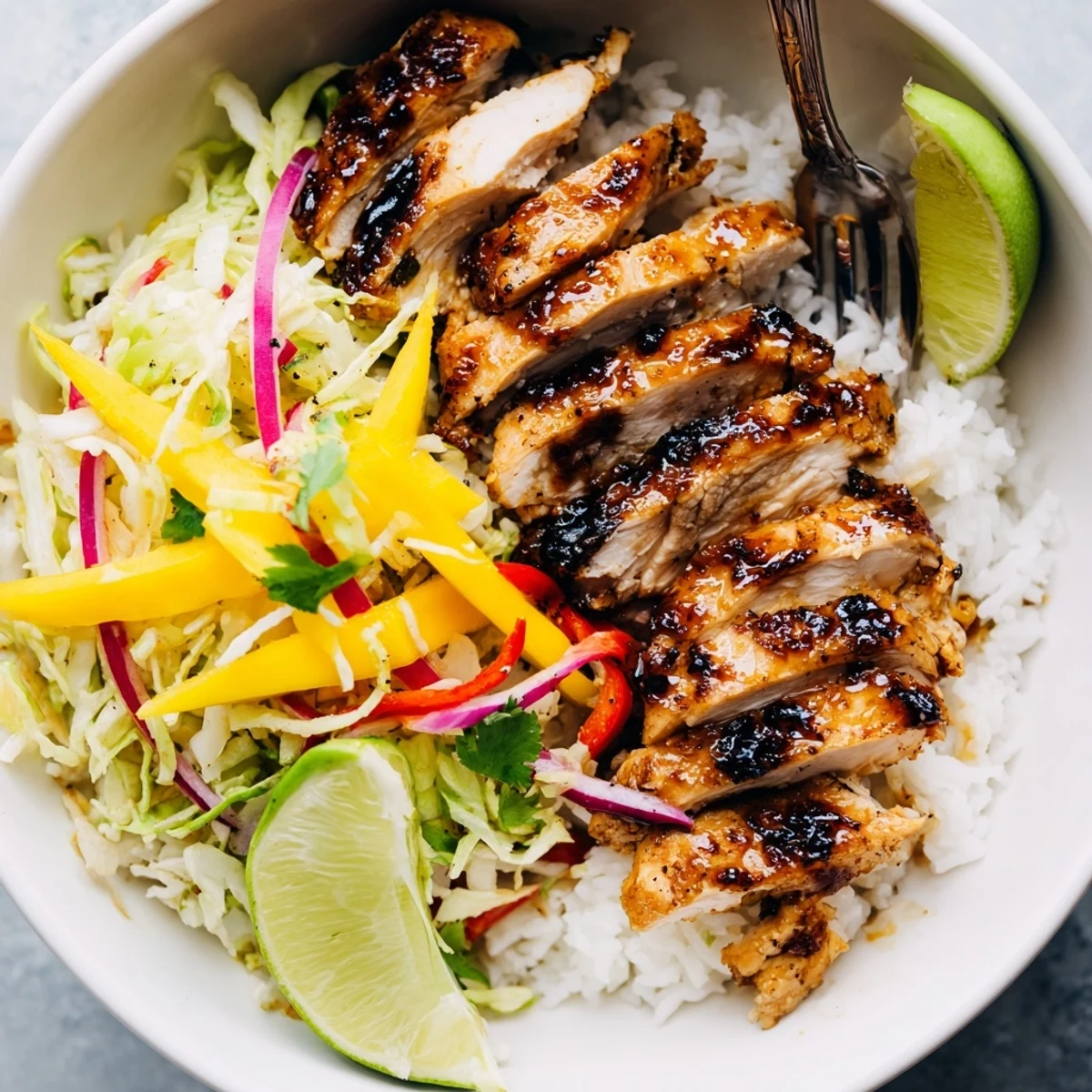 Jerk Chicken Bowls With Mango Lime Slaw served over steaming jasmine rice