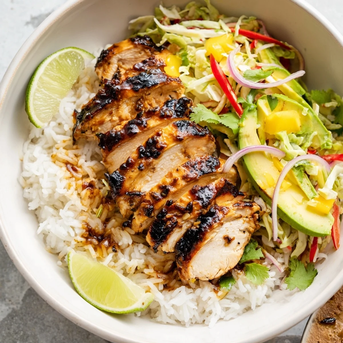 Grilled, sliced Jerk Chicken Bowls With Mango Lime Slaw garnished with avocado
