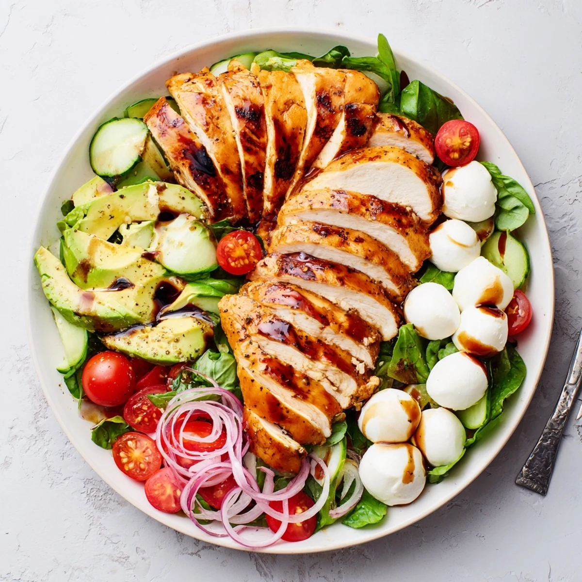 Baked Marinated Chicken Salad With Mozzarella And Balsamic Vinaigrette on greens, sliced warm