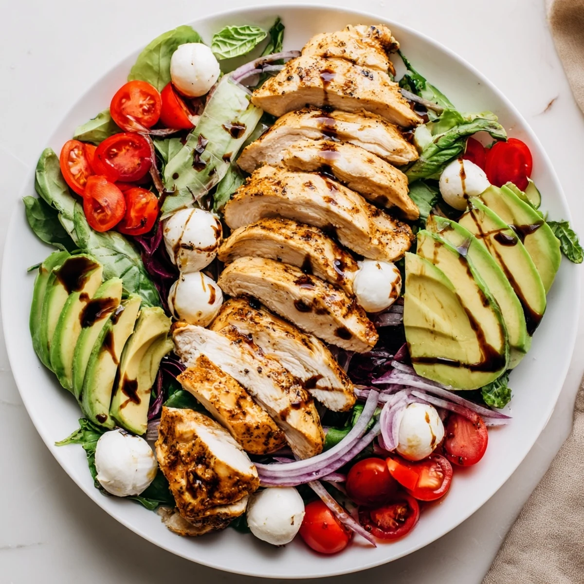 Bright Baked Marinated Chicken Salad With Mozzarella And Balsamic Vinaigrette, juicy chicken slices