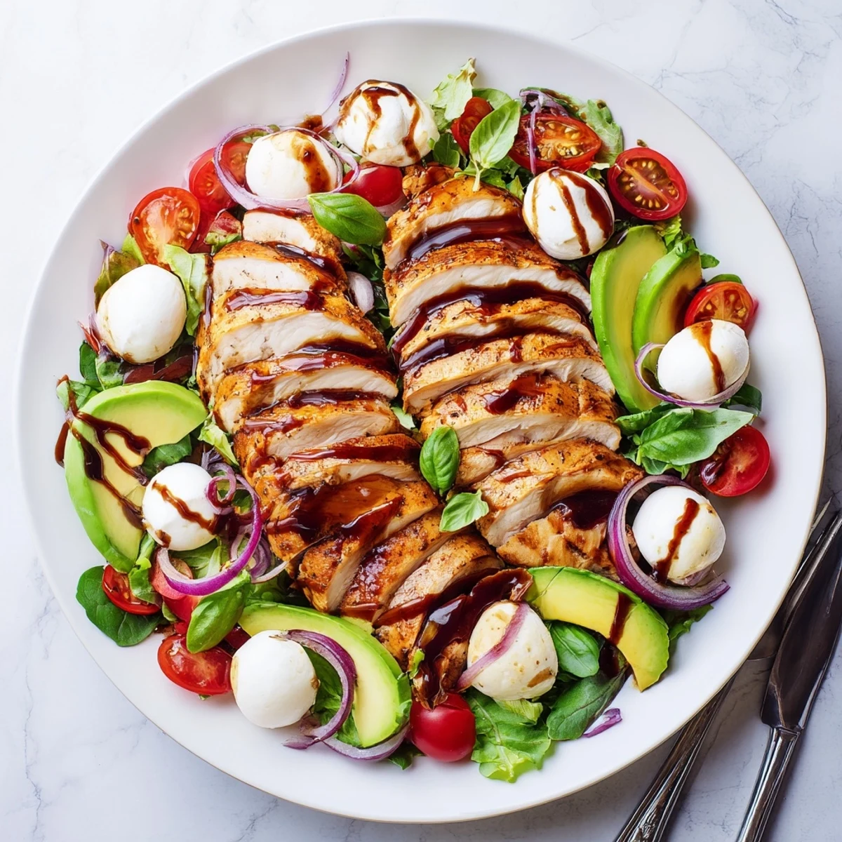 Plate showing Baked Marinated Chicken Salad With Mozzarella And Balsamic Vinaigrette, tangy drizzle
