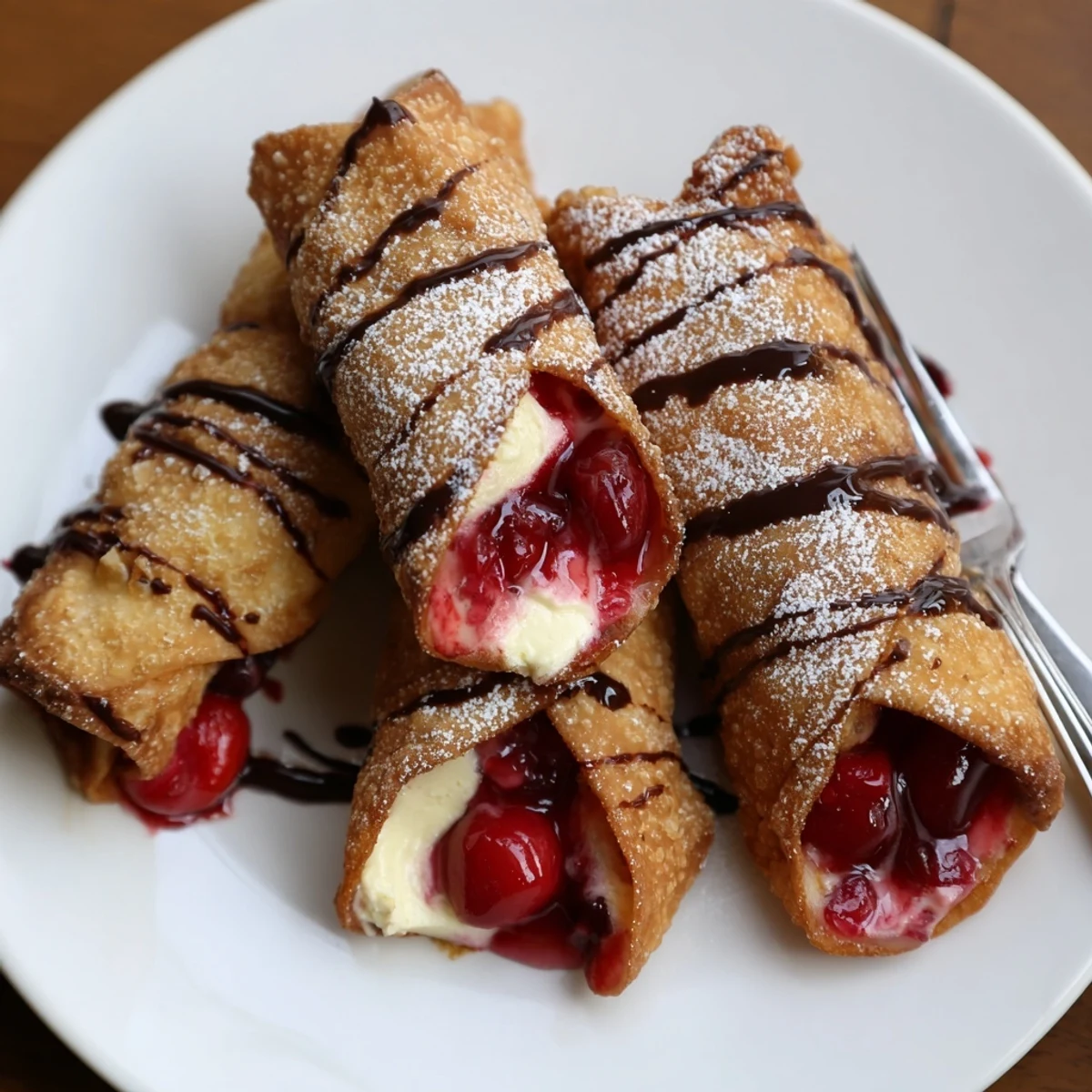 Golden Cherry Cheesecake Egg Rolls Delight, warm and crispy, drizzled with chocolate