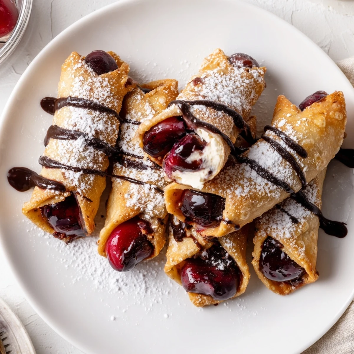 Plate of Cherry Cheesecake Egg Rolls Delight dusted with powdered sugar, served warm
