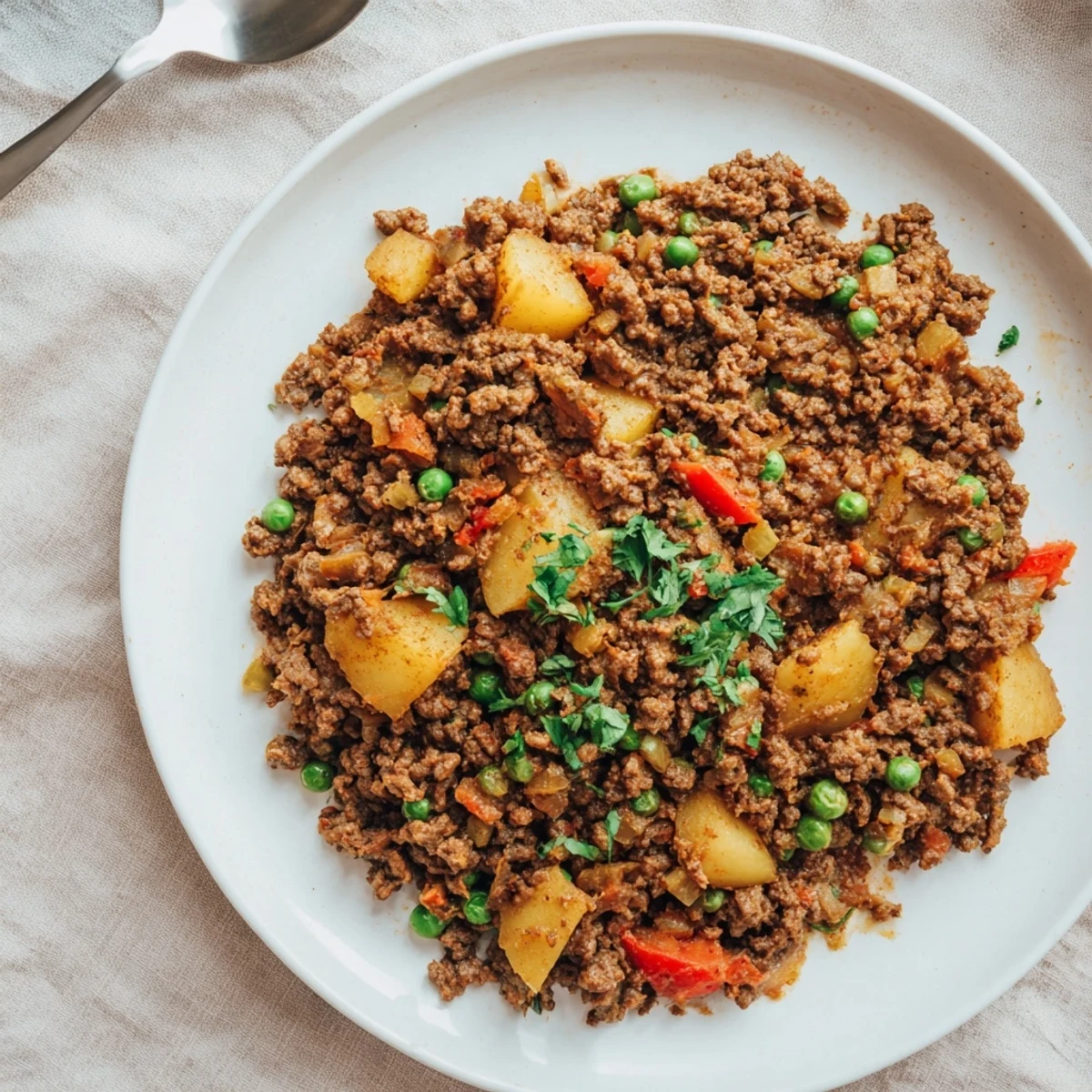 Skillet Potato Mince steaming, spiced aroma, golden potatoes and peas