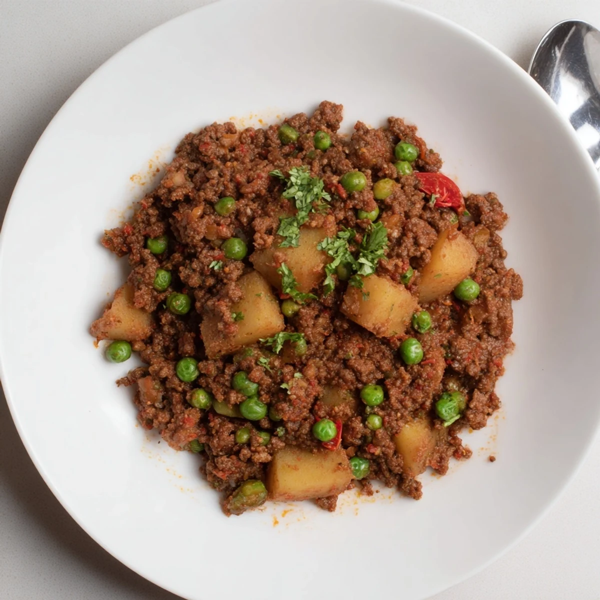 Hearty Potato Mince simmered with browned beef, tender potatoes, cilantro garnish