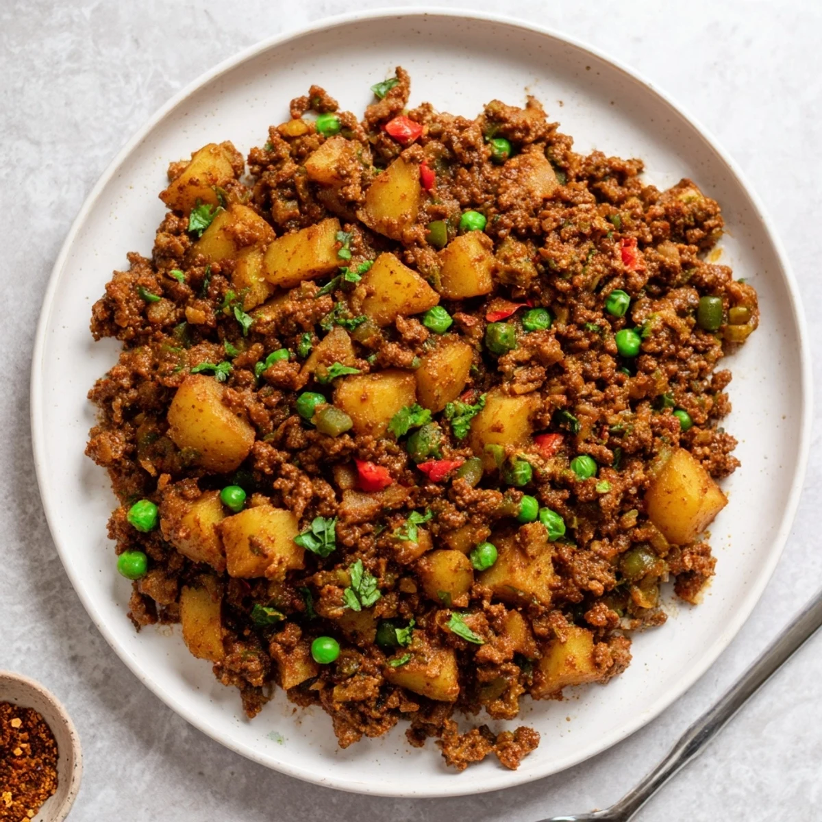 Homestyle Potato Mince ladled over steamed rice, bright lemon and coriander